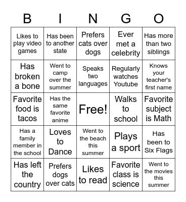 First Day of School Bingo Card