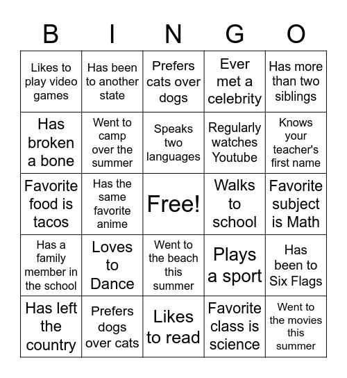 First Day of School Bingo Card