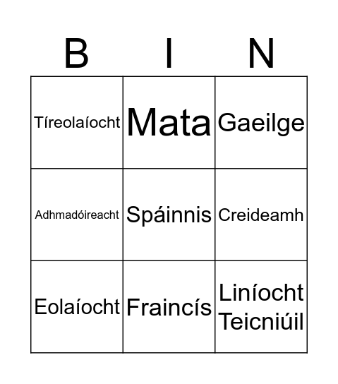 Ábhar Scoile Bingo Card