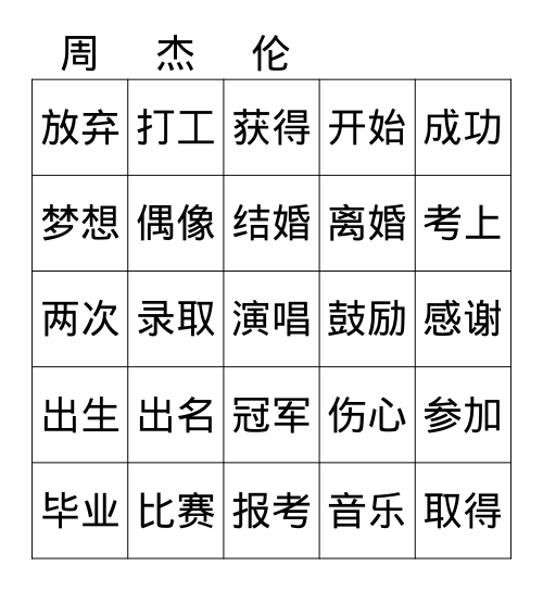 MYP4 周杰伦 Bingo Card