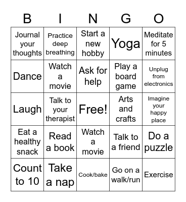 Coping Skills Bingo Card