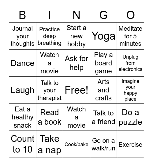 Coping Skills Bingo Card