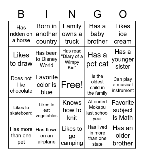 Classmate Bingo Card