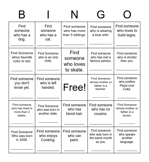 Find Someone Who Bingo Card