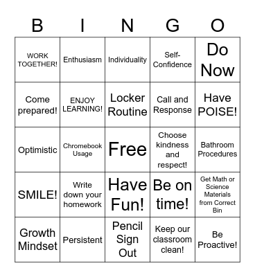 Classroom Procedures and Expectations Bingo Card