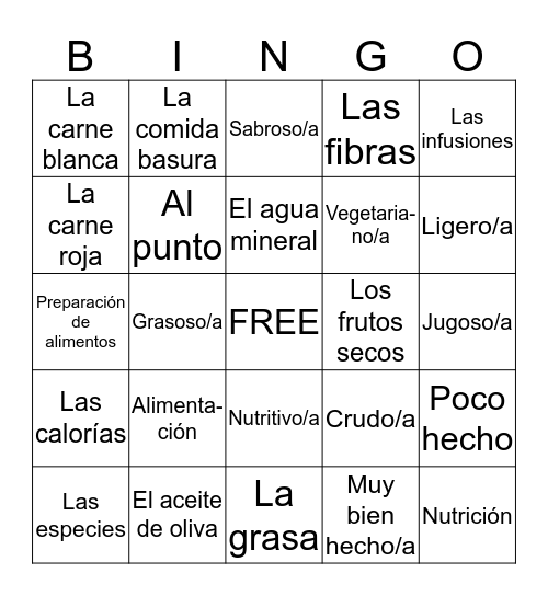 Spanish 3 Chapter 4 Bingo A Bingo Card