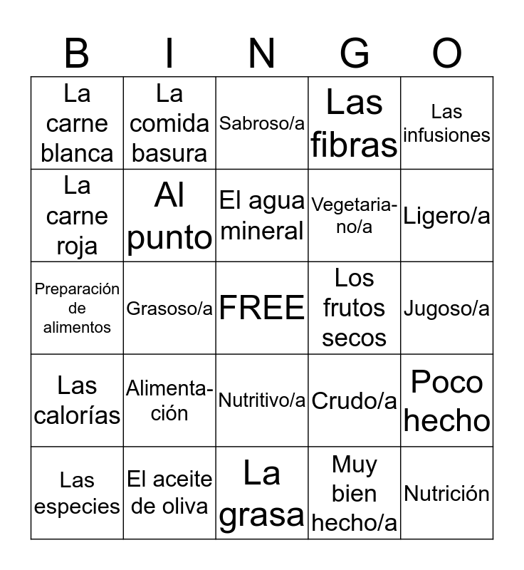 Spanish 3 Chapter 4 Bingo A Bingo Card