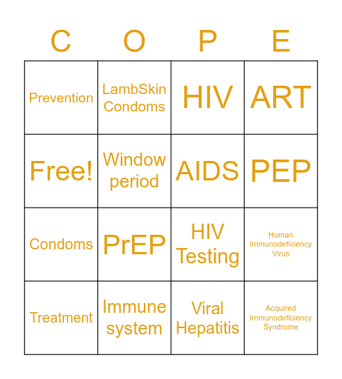 HIV Key Words Bingo Card