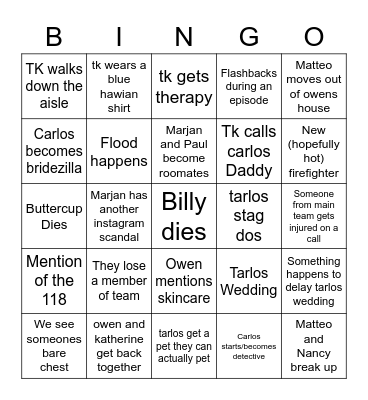 Season 4 LoneStar Predictions Bingo Card