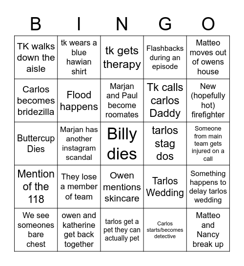 Season 4 LoneStar Predictions Bingo Card