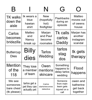 Season 4 LoneStar Predictions Bingo Card