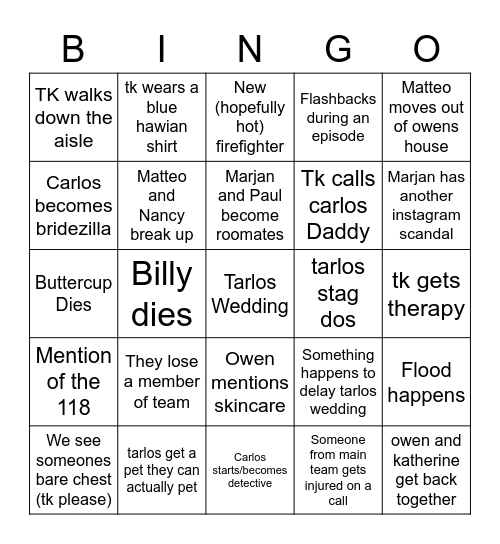 Season 4 LoneStar Predictions Bingo Card