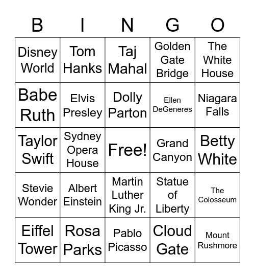 Famous People & Places Bingo Card