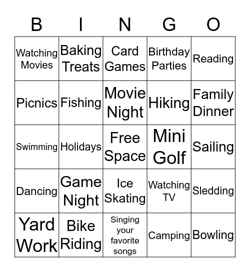 Family Activities Bingo  Bingo Card