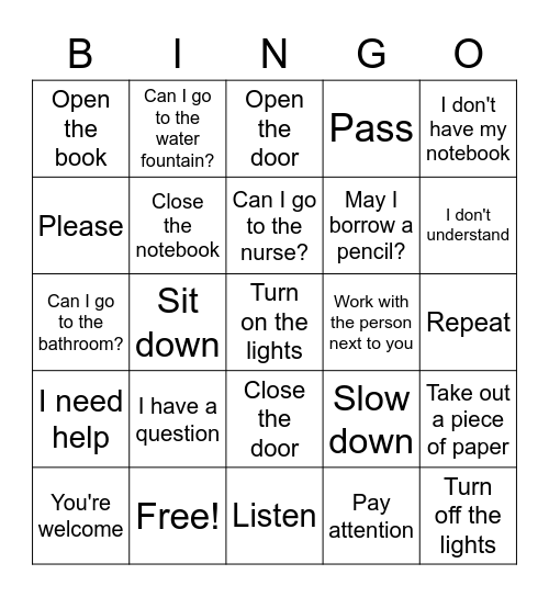 Frases Utiles Para La Clase Bingo Card