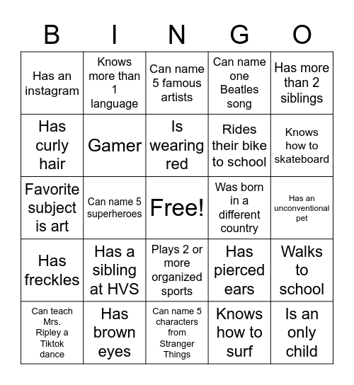 First Day of School Bingo Card