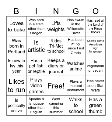 Fremont Room Welcome Back to School Bingo Card