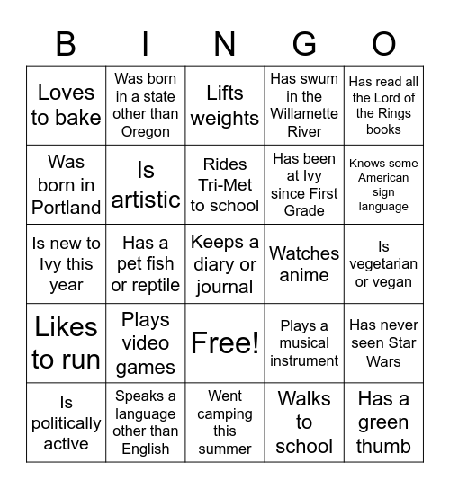 Fremont Room Welcome Back to School Bingo Card