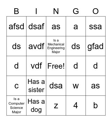 ESC 250 Student Bingo Card