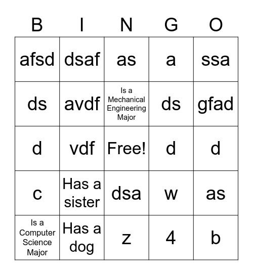 ESC 250 Student Bingo Card
