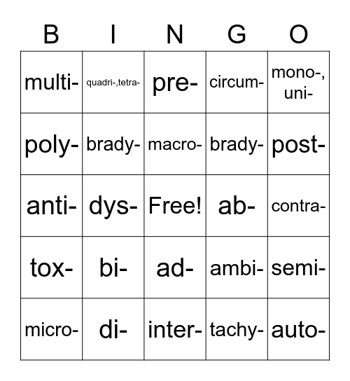 Unit 3 Prefix Bingo Card