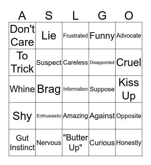 Let's Talk About Our Feelings List 2 Bingo Card