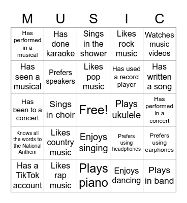 Music Bingo Card