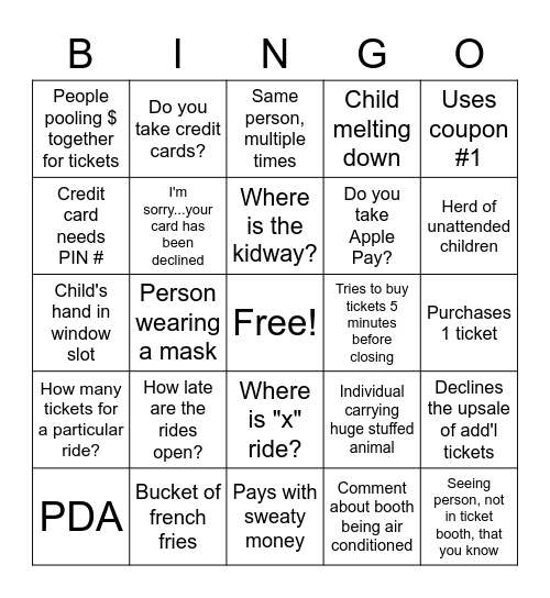 State Fair Midway Entertainment Bingo Card