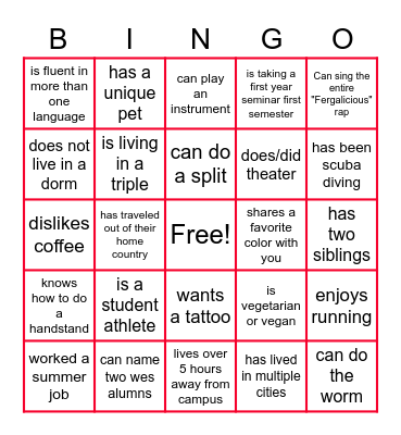 Orientation Group Bingo Card