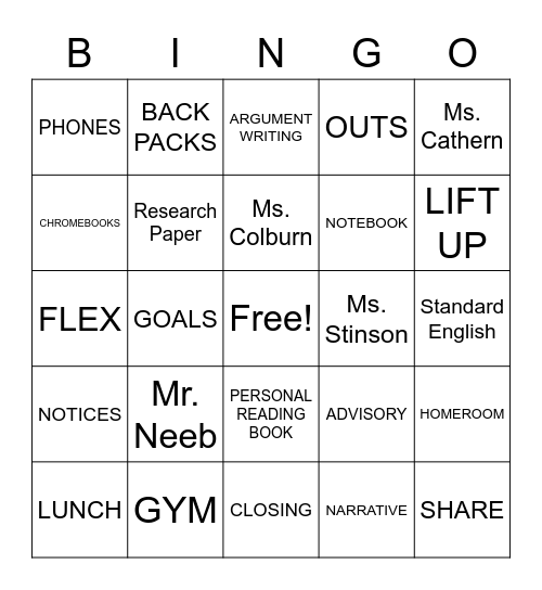 8th GRADE! Bingo Card