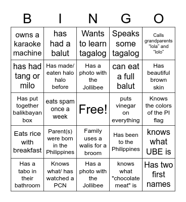 Filipino Bingo Card