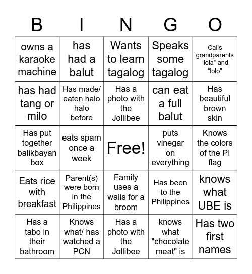 Filipino Bingo Card