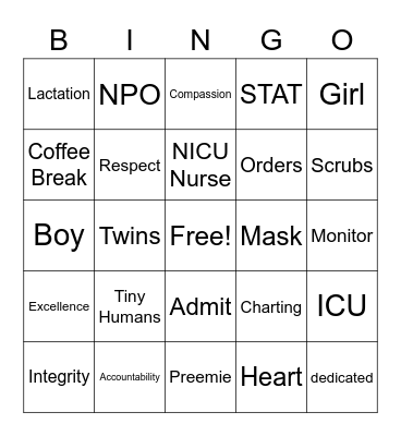 Neonatal Nurses Week Bingo Card
