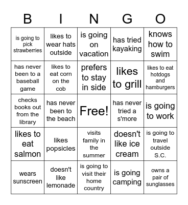 Find someone who - summer activities Bingo Card