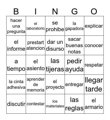 Vocabulario de la escuela Bingo Card