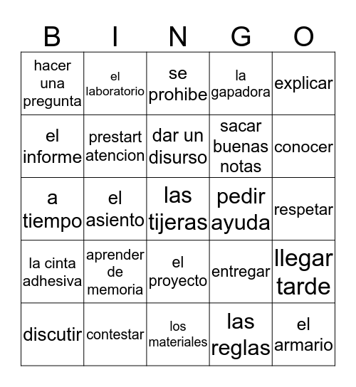 Vocabulario de la escuela Bingo Card