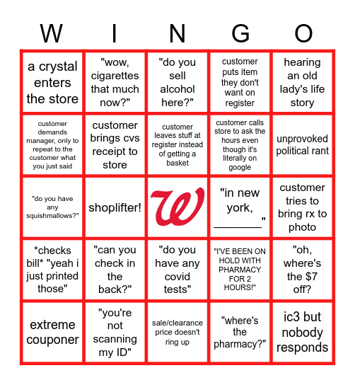 walgreens bingo Card