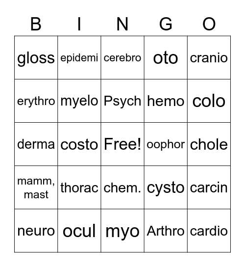 Root Word Bingo Card