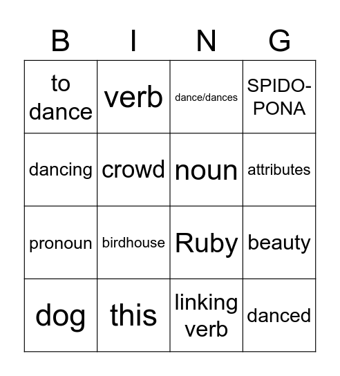 Verbs, Pronouns and Nouns - OH MY! Bingo Card