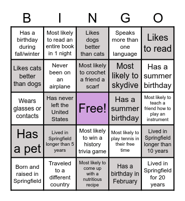 Life Experience Bingo Card