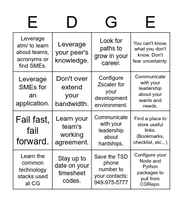 Top 10 Tips from your EDGE Leaders Bingo Card