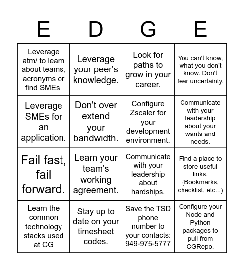 Top 10 Tips from your EDGE Leaders Bingo Card