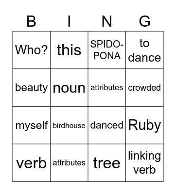 Verbs, Pronouns and Nouns - OH MY! Bingo Card