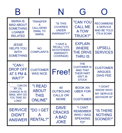 DEALERSHIP BINGO Card