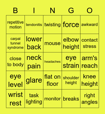 Office Ergonomics Bingo Card