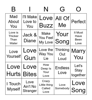 Love Songs Bingo Card