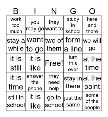 fluency Bingo Card
