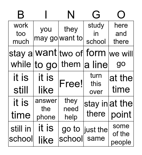 fluency Bingo Card