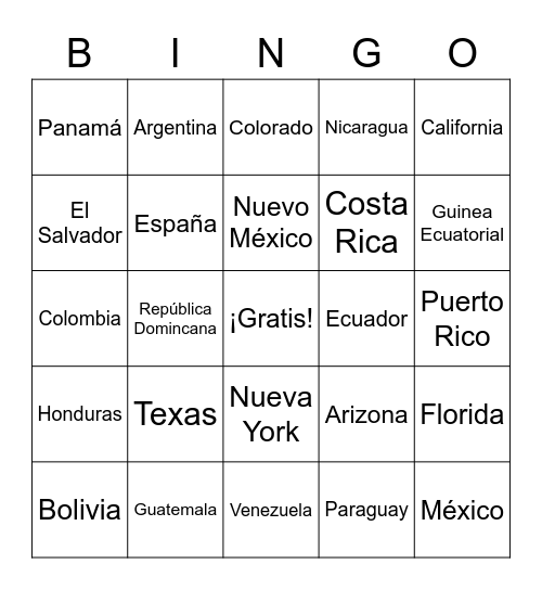 Spanish-speaking countries and regions Bingo Card