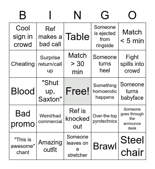 WWE PPV Bingo (Generic) Bingo Card